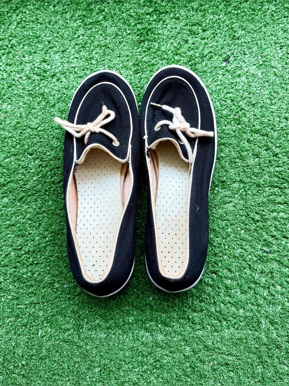 Black Canvas Shoes Women's US 6.5 Casual Slip On Flats White Lace Detail